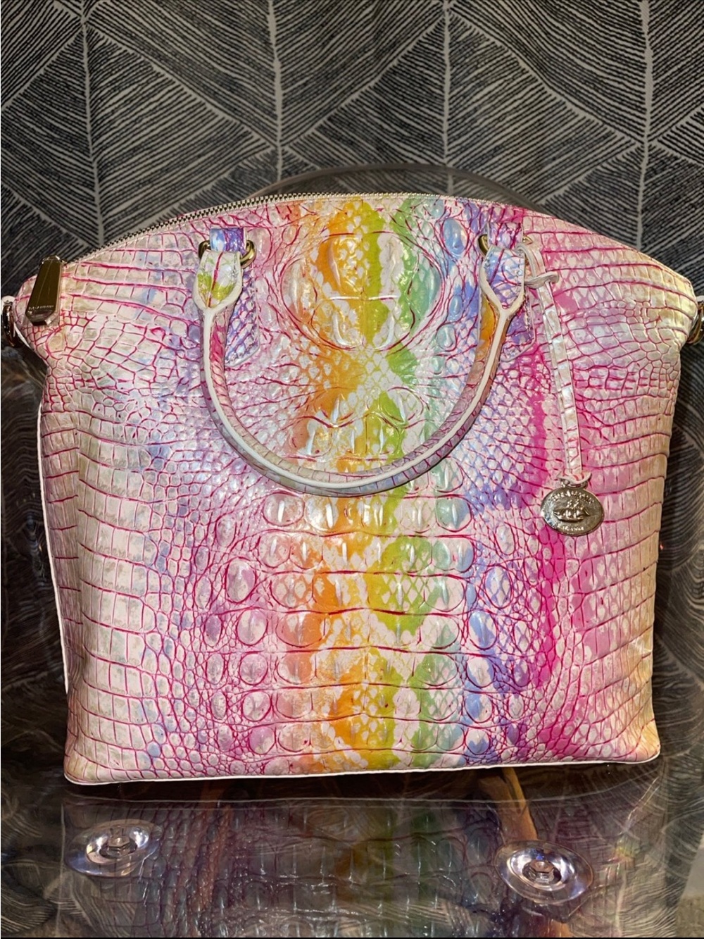 Brahmin Multicolor Croc-Embossed Satchel - Pink, Yellow, Green, Blue